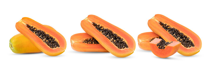ripe papaya fruit with seeds on white background