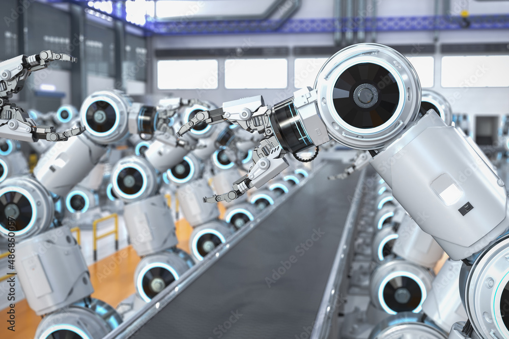 Aufkleber automation industry concept with 3d rendering robot assembly line