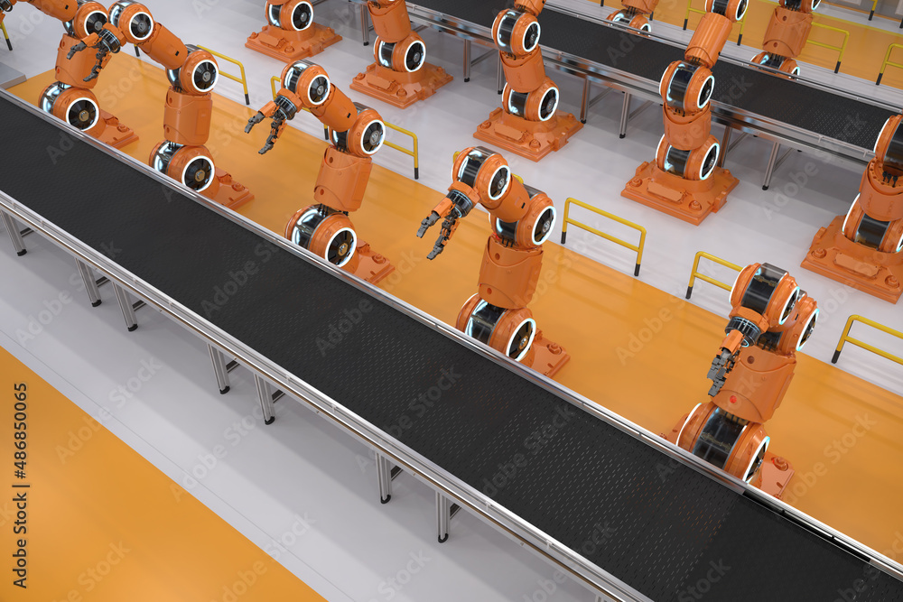 Aufkleber automation industry concept with 3d rendering robot assembly line