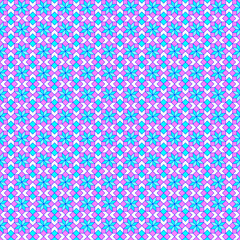 Abstract geometric seamless pattern with blue snowflake flowers and pink squares Light pastel cold colors