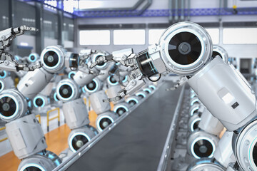 Automation industry concept with 3d rendering robot assembly line