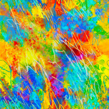 Abstract neon multicolored painted pattern with bright spots, blots, smudges, lines, strokes, stains