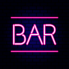 Bar neon sign on the brick wall. Vector Illustration