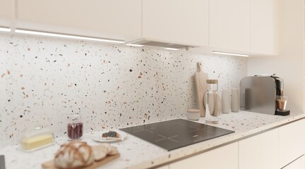 3d render kitchen countertop with tableware