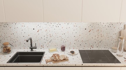 3d render kitchen countertop with tableware