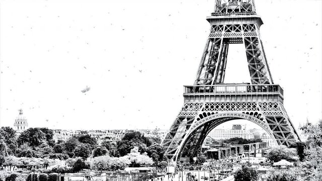 Panorama of Paris with the Eiffel Tower in winter with slowly falling snow. Black and white  creative 4k video with parallax effect.