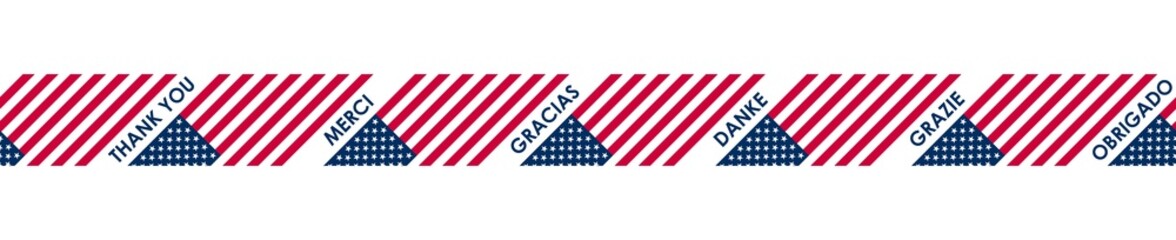 Danke, Thank you, Amerika, USA Flagge mit Danke in verschiedenen Landessprachen als nahtloses Muster  für Banderole oder Geschenkpapier