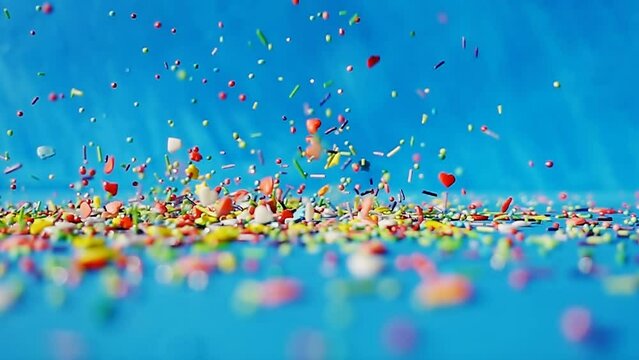 Multi-colored differently shaped topping sweets are falling on a table on a blue background. 4k slow motion bright fun video.