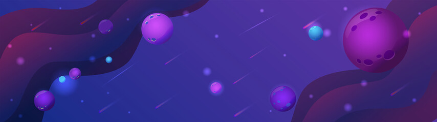 Horizontal banner mystical and mysterious space. In the purple and blue space of the universe are planets and asteroids and stars. Background for astronautics and UFO.
