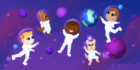 Children of a girl and a boy and a dog in astronaut costumes are in outer space. They have fun against the backdrop of Planet Earth and other planets. The mood of unbridled fantasy and fun.