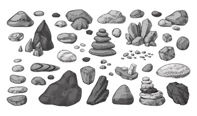 Boulders sketch. Hand drawn graded stones. Rocks and minerals. Rough gravel piles. Geological granite rubble. Engraving cobblestones. Isolated pebble shapes. Vector landscape elements set © SpicyTruffel