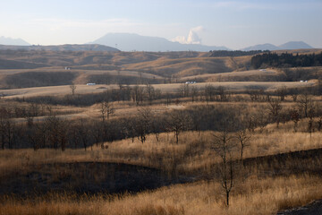 熊本県南小国町にあるパワースポット「押戸石の丘」と野焼きされた阿蘇の草原