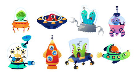Aliens with spacecraft. Cartoon cosmic invader creatures flying on comic space transport. Cosmonauts driving spaceships. Childish monsters on rockets discovery universe. Vector UFO set - obrazy, fototapety, plakaty