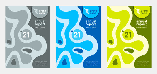 Set of cover design brochure, annual report 2021 templates, liquid style graphic elements