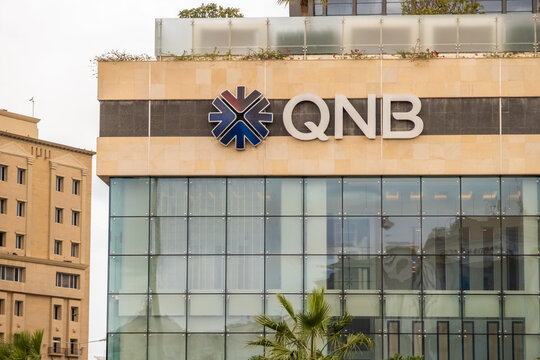 Qatar National Bank logo on the side of a building in Doha, Qatar
