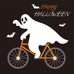 happy halloween card wuth ghost riding a bike