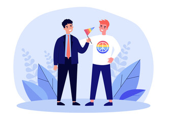 Male activists with peace or pacifist symbols. Business person with rainbow flag and man with peace sign shirt flat vector illustration. Peace, freedom concept for banner or landing web page