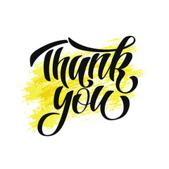 Thank you - vector illustration with hand lettering. Black hand lettering on a blot of yellow paint. For bag, package, banner, poster, postcard, flyer, family photo album, cafe