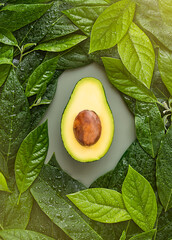 slice of ripe avocado surrounded by leaves, flat lay, top view