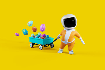 Little space boy pulling a toy wagon full of easter eggs - obrazy, fototapety, plakaty