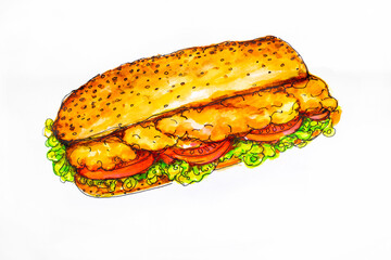 Po-boy burger with fried fish, cuisine of New Orleans, USA, watercolor illustration on a white background, sketch
