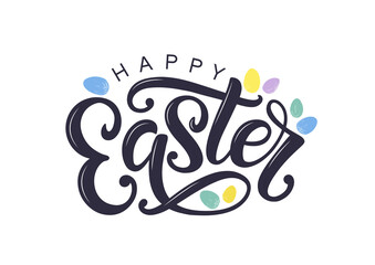 Happy Easter modern brush calligraphy isolated on white. Easter logo decorated by brush drawn easter eggs. Egg hunt concept as card, postcard, poster, banner, sale or promo sign.