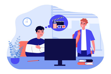 Teacher at school desk thinking of going to cinema. Student with backpack and books in classroom flat vector illustration. Entertainment, education concept for banner, website design or landing page