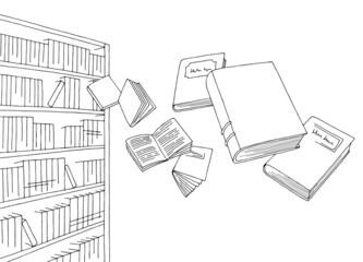 Books fly off the shelves in the library graphic black white sketch illustration vector  - 486852636