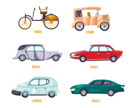 Timeline of evolution of automobiles vector illustrations set. Old, classic and modern models of cars, auto industry isolated on white background. Transport, transportation, history concept