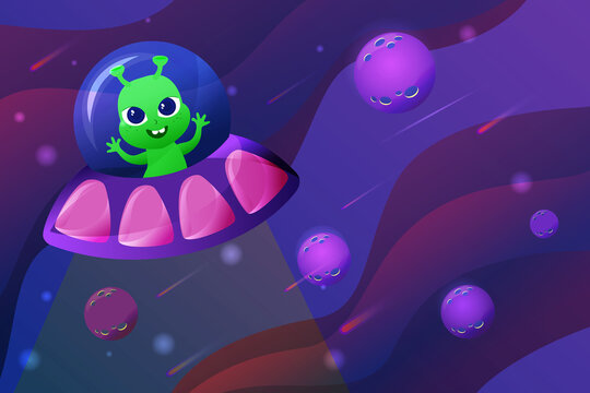 A cute and charming green alien is flying in space in a flying saucer. The stranger is cheerful and friendly and has big kind eyes. Cosmos is purple and mystical.