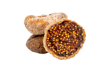 Dried figs whole and cut isolated on white background. Useful snack.