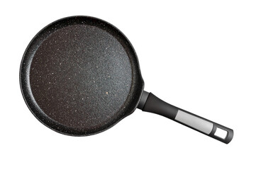 Black pancake pan with nonstick surface isolated on white background, close-up, top view.