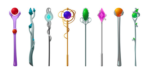 Colorful magic wands for wizards cartoon illustration set. Metal magicians walking sticks with crystals for games, app interface. Staff and equipment for witches. Fantasy, fairy tale, sorcery concept