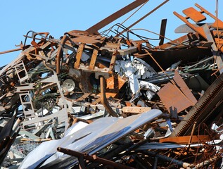 pile of many rusty ferrous scrap in a landfill of a foundry