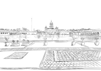 Fototapeta premium Gurdwara Bangla Sahib. New Delhi. India. Hand drawn vector illustration