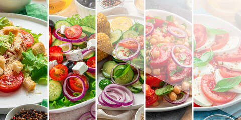 A set of healthy vegetable salads, collage.