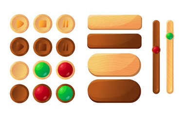 Wooden buttons for users game interface cartoon illustration set. Elements of different shapes, bars, panel settings for app design isolated on white background. GUI, UI design concept