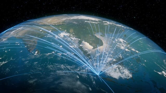 Earth in Space. Blue Lines connect Jakarta, Indonesia with Cities across the World. Worldwide Travel or Business Concept.