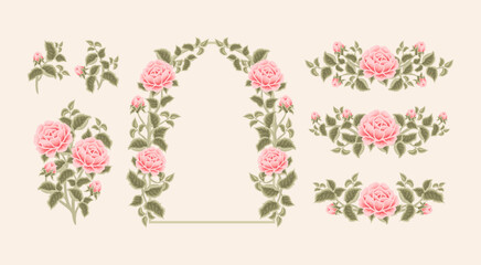 Vintage hand drawn wedding rose flower frame wreath vector illustration arrangements and bouquets with leaf branch and floral bud