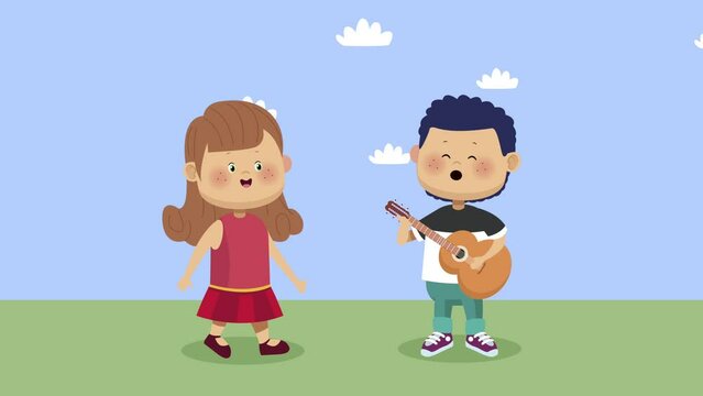 little lovers couple playing guitar animation