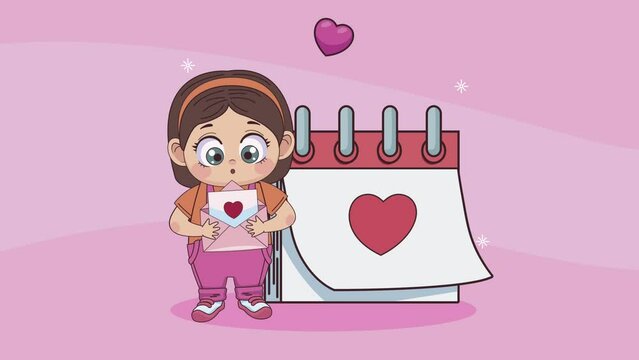 little lover girl with love letter and calendar animation