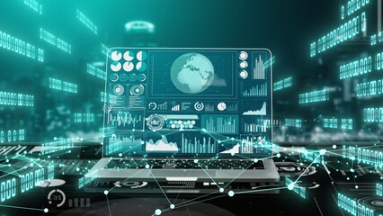Big Data Technology for Business Finance Analytic conceptual . Modern graphic interface shows massive information of business sale report, profit chart and stock market trends analysis .
