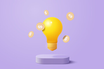 3D idea make money coin on pastel background. growing business isolated concept, 3d money vector render for finance, investment, light bulb like idea make earning with illustration concept