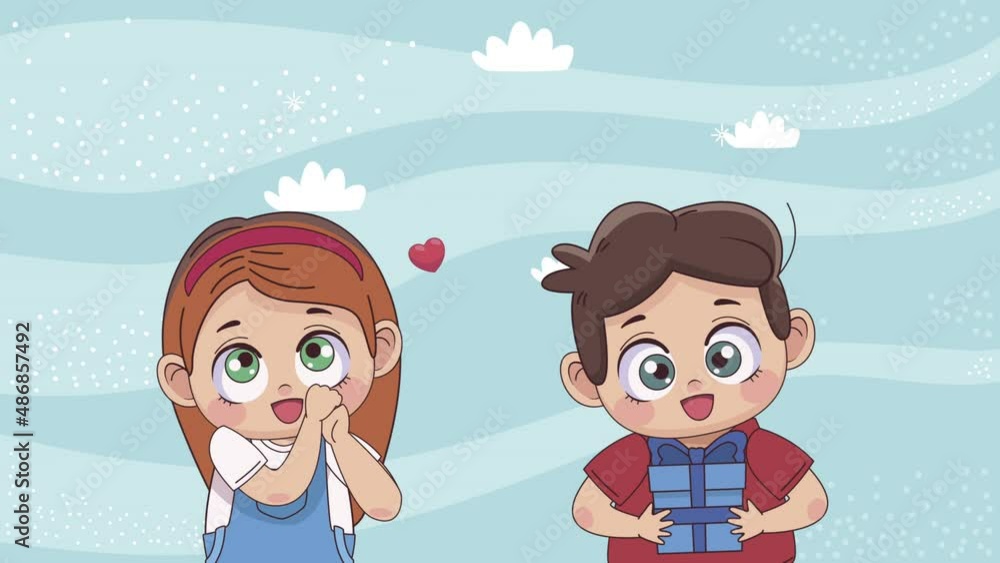 Wall mural little lovers couple with gift animation