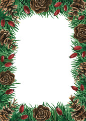 Watercolor rectangular Christmas frame with cone, rosehip berries, spruce branches