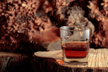 Glass of whiskey on an old dried stump.