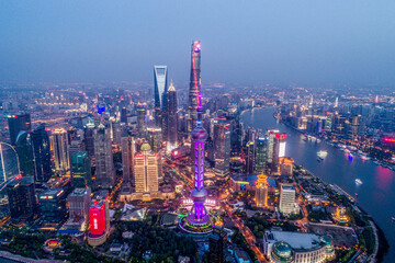 Aerial photography of cityscape at night in Pudong of Shanghai City
