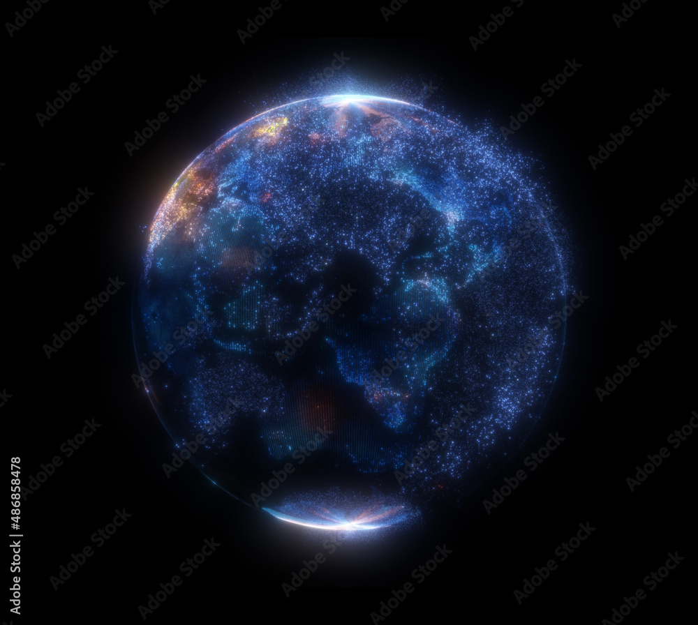 Poster glowing sphere with a map of the world from particles