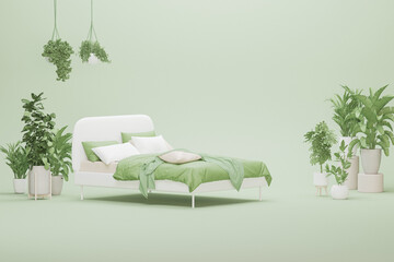 Minimal idea for bedroom in pastel green and white, beige color with furnitures, plant and vase. Healthy lifestyle. 3D render.
