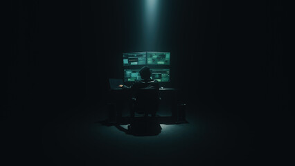 Anonymous hacker in hood cracking secret files on a computer in a dark underground hideout at night